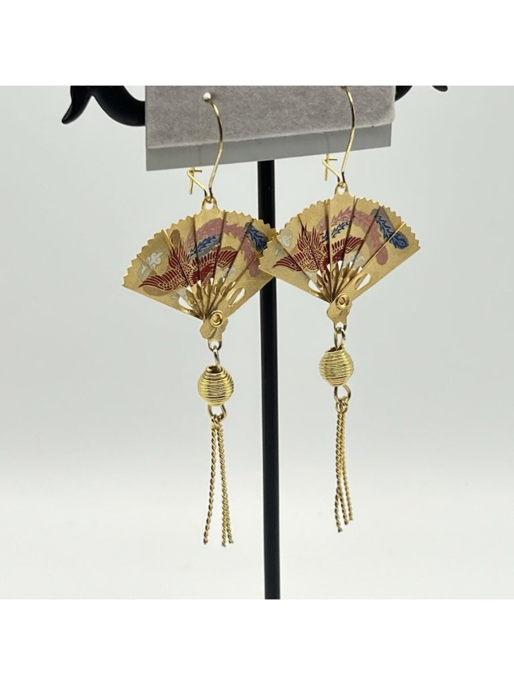 Vintage Asian Fan Tassel Earrings Gold Tone Phoenix Crane Statement Dangle 2.5" - Picture 1 of 7